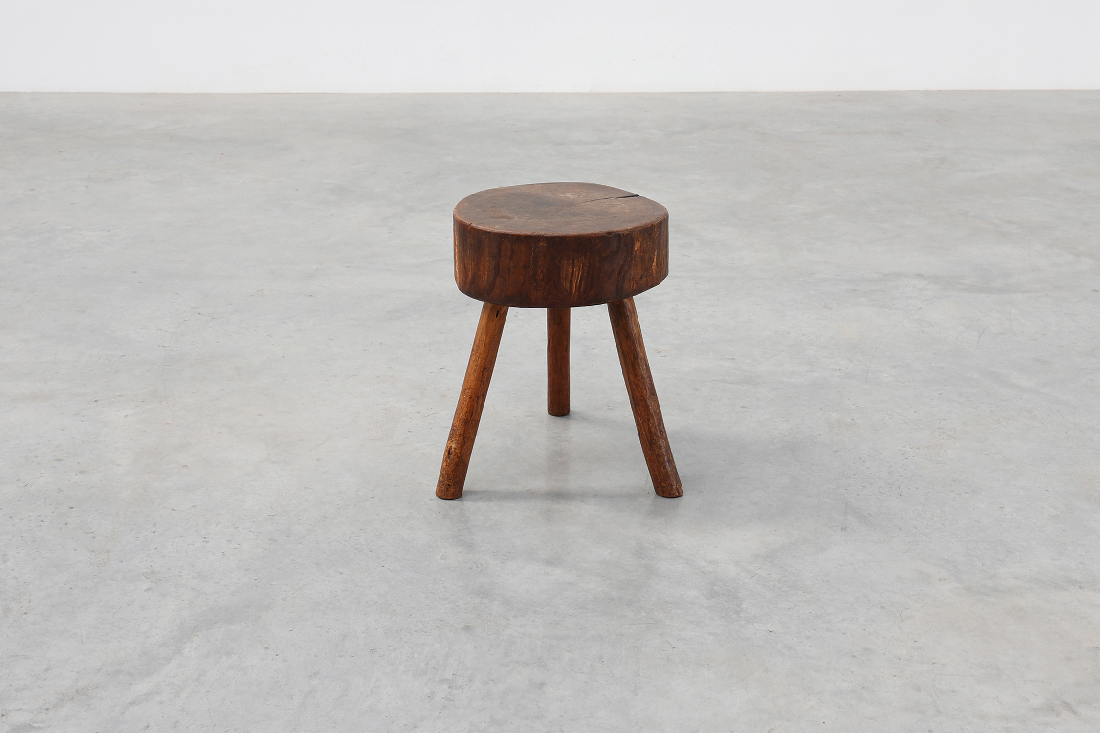 Rustic Oak Tripod Stool with Chunky Round Wooden Seat, France, circa 1920thumbnail